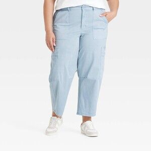 Women's Mid-Rise Barrel Leg Cargo Pants Light Blue 17 Stretch, Ankle Length NWT